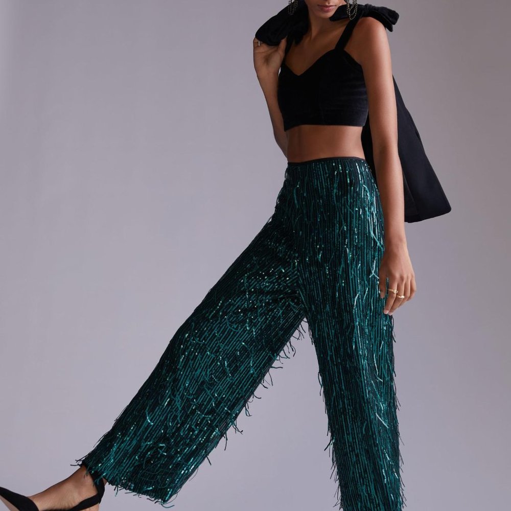 Anthropologie Teal Metallic Fringe Wide-Leg Pants